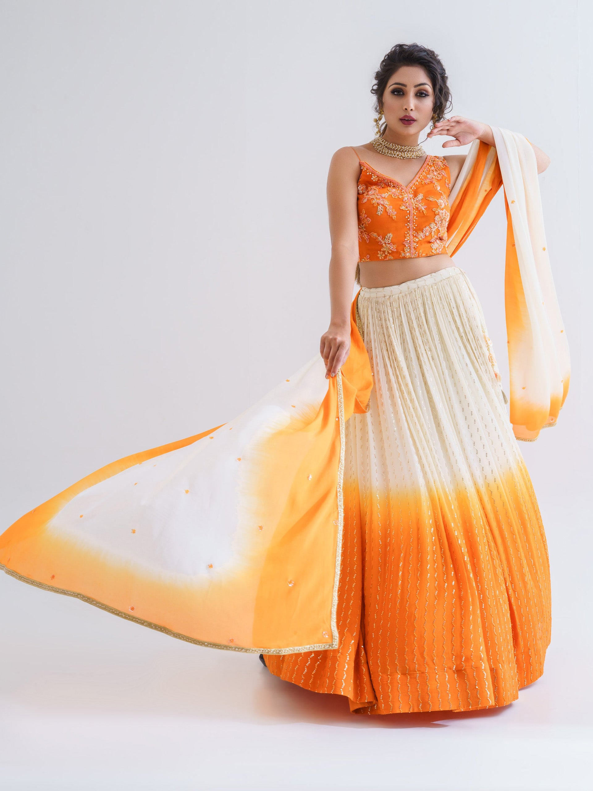 Off-White Orange Ombre Lehenga Set image 3