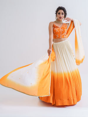 Off-White Orange Ombre Lehenga Set image 3