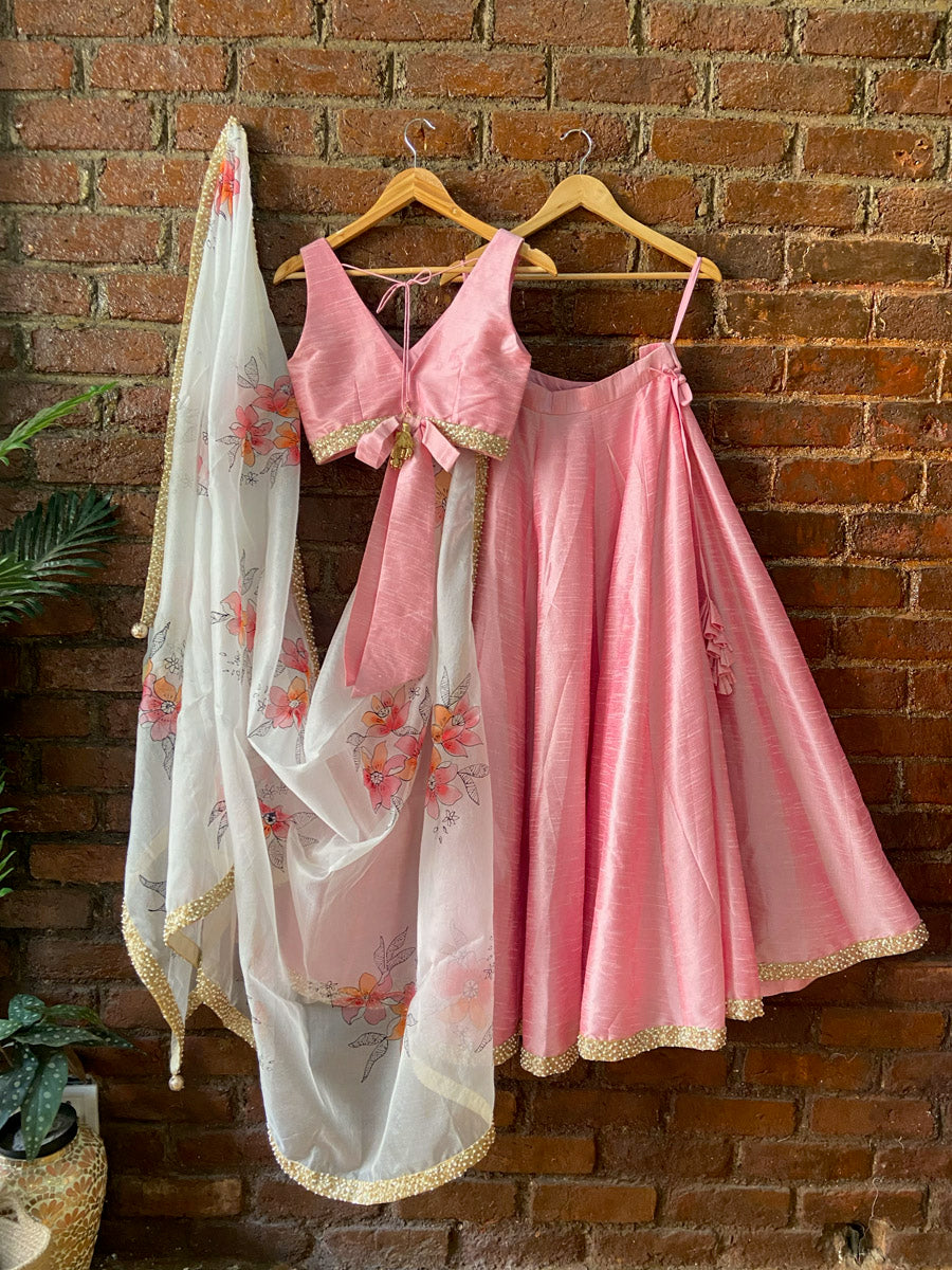 Pink and Ivory Hand Painted Lehenga Set image 2