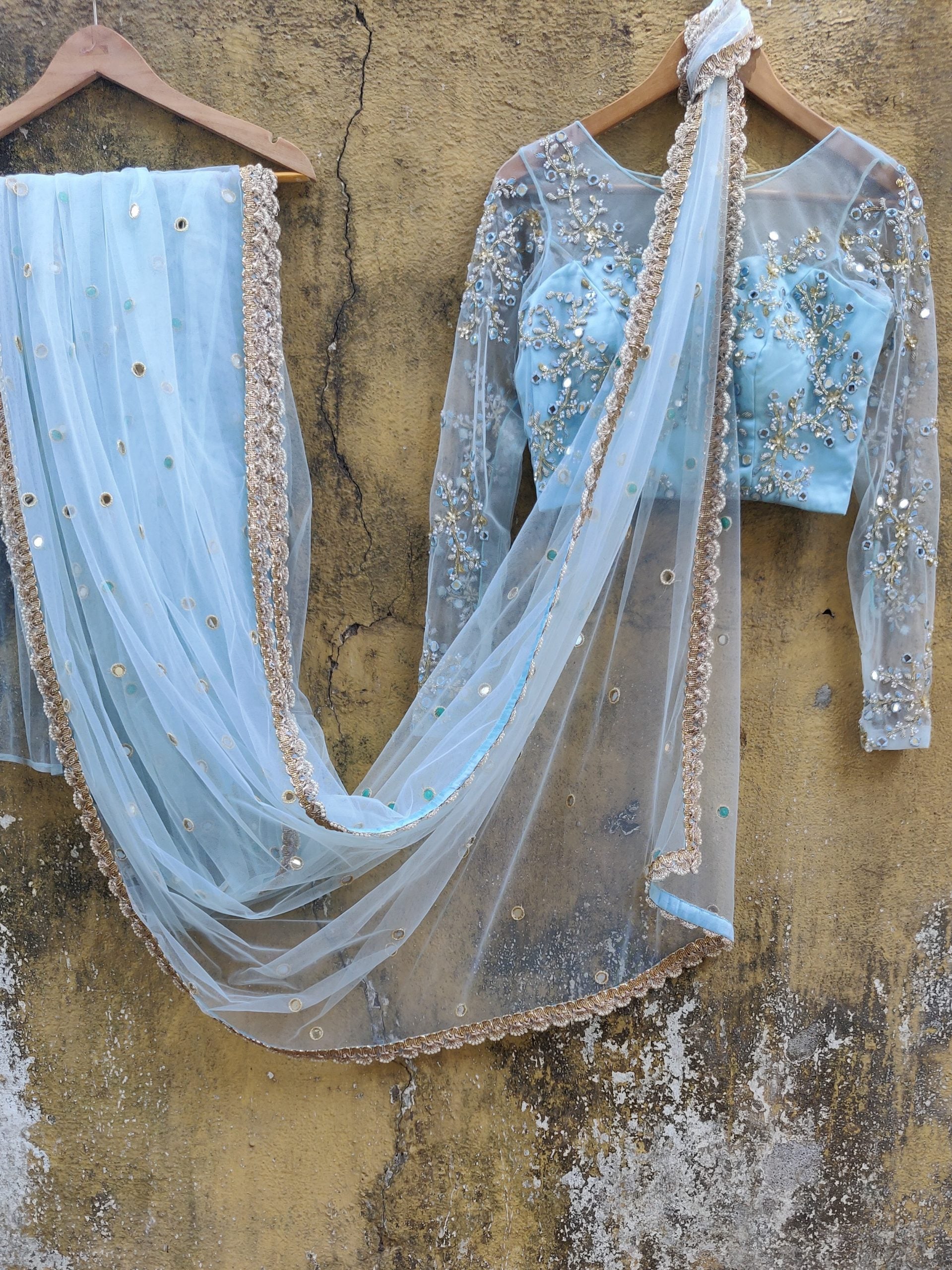 Sky Blue Mirror Work Saree with Resham Work Blouse - M image