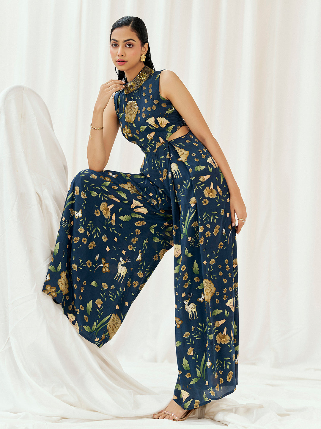 Navy Blue Printed Embroidered Jumpsuit image 0