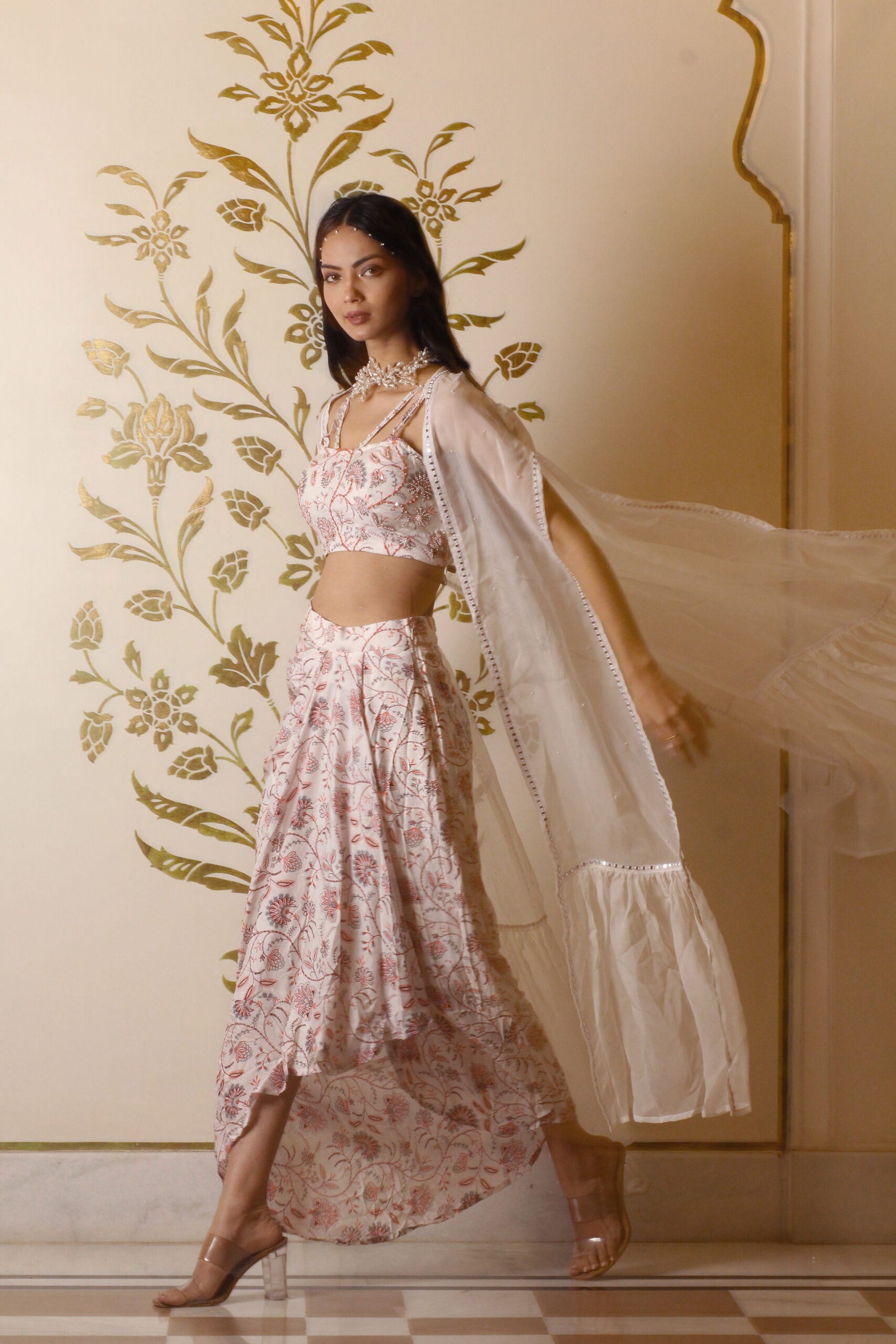 White Printed Drape Skirt Set image 3