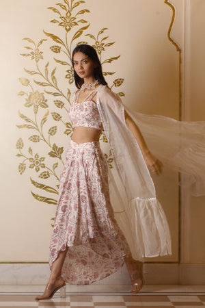 White Printed Drape Skirt Set image 3
