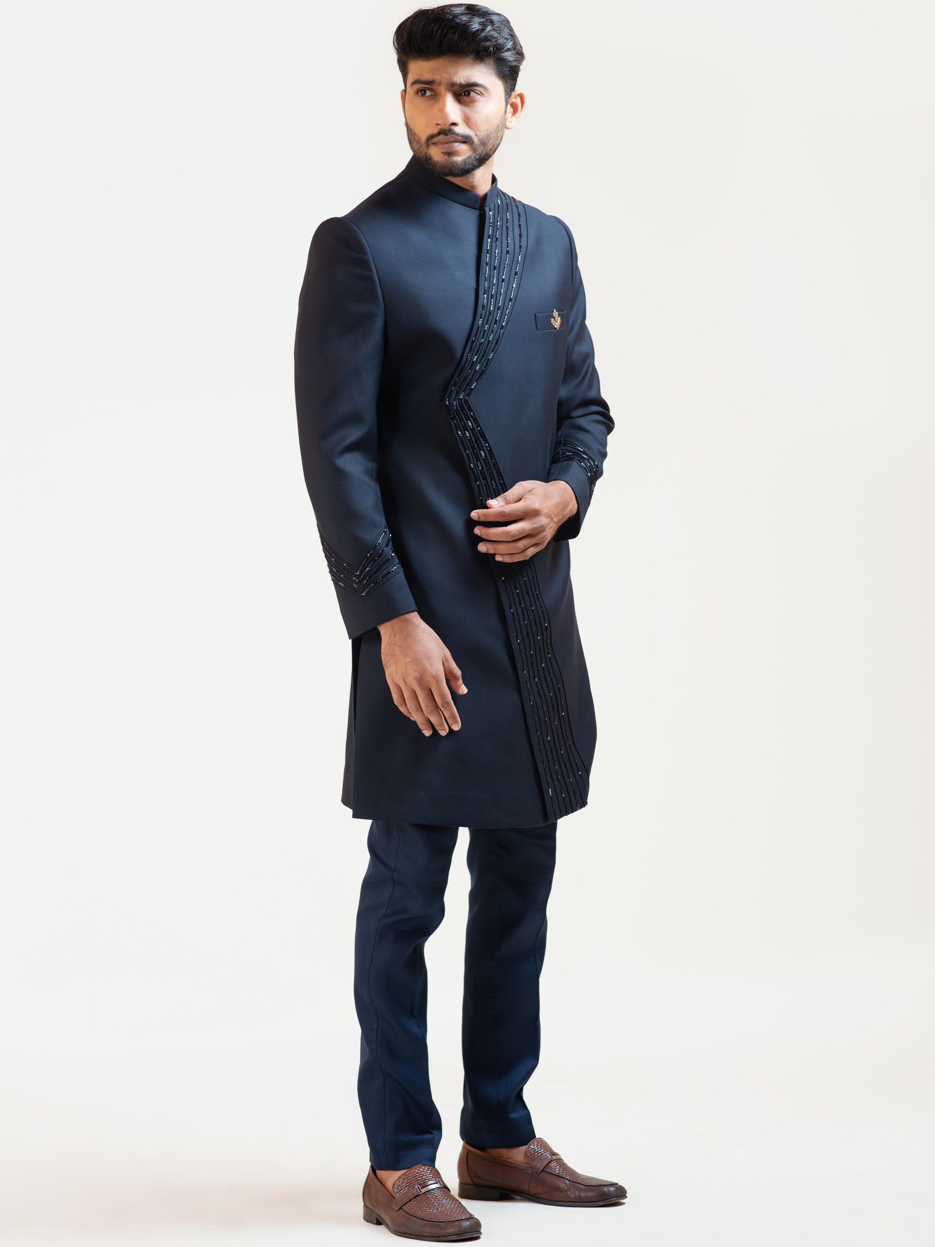 Midnight Blue Pintucks Achkan Coat Set - XL image