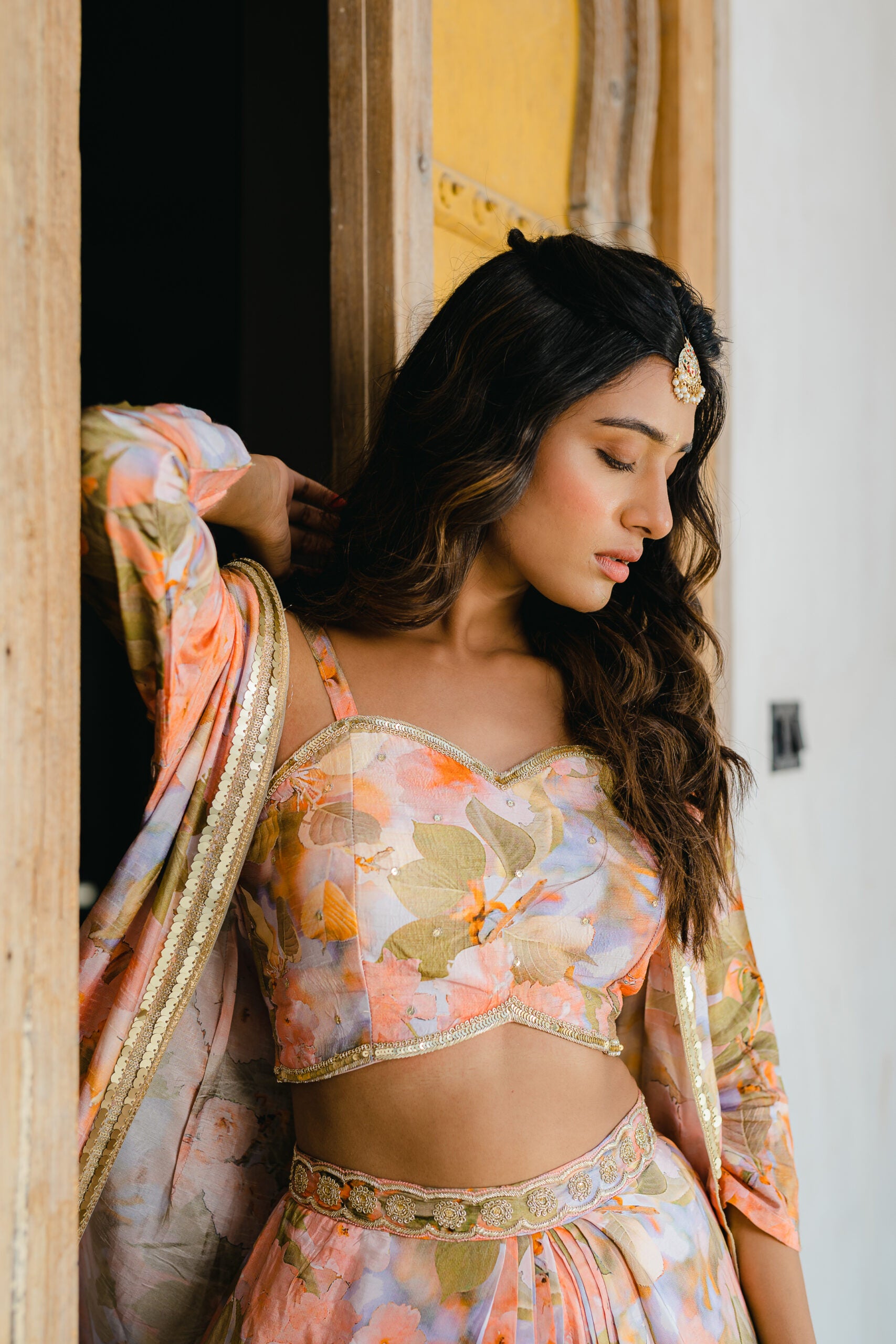 Coral Peach Printed Embroidered Long Jacket and Skirt Set image 1