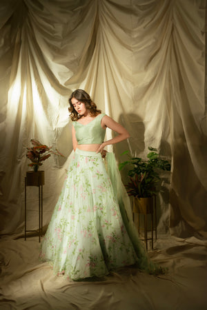 Sky Blue Floral Organza Lehenga Set image 6