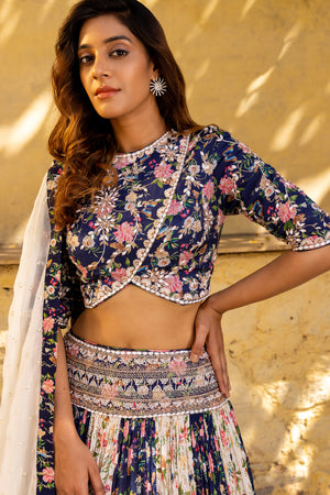 Navy Blue &amp; Off-White Floral Georgette Crepe Embroidered Lehenga Set image 5