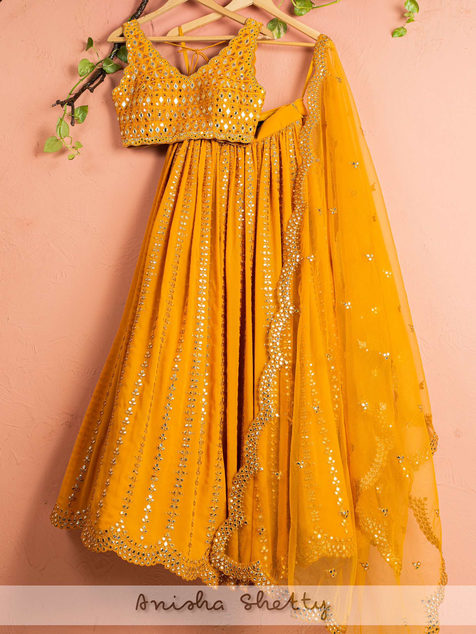 Fire Yellow Mirror Lehenga Set - XL image