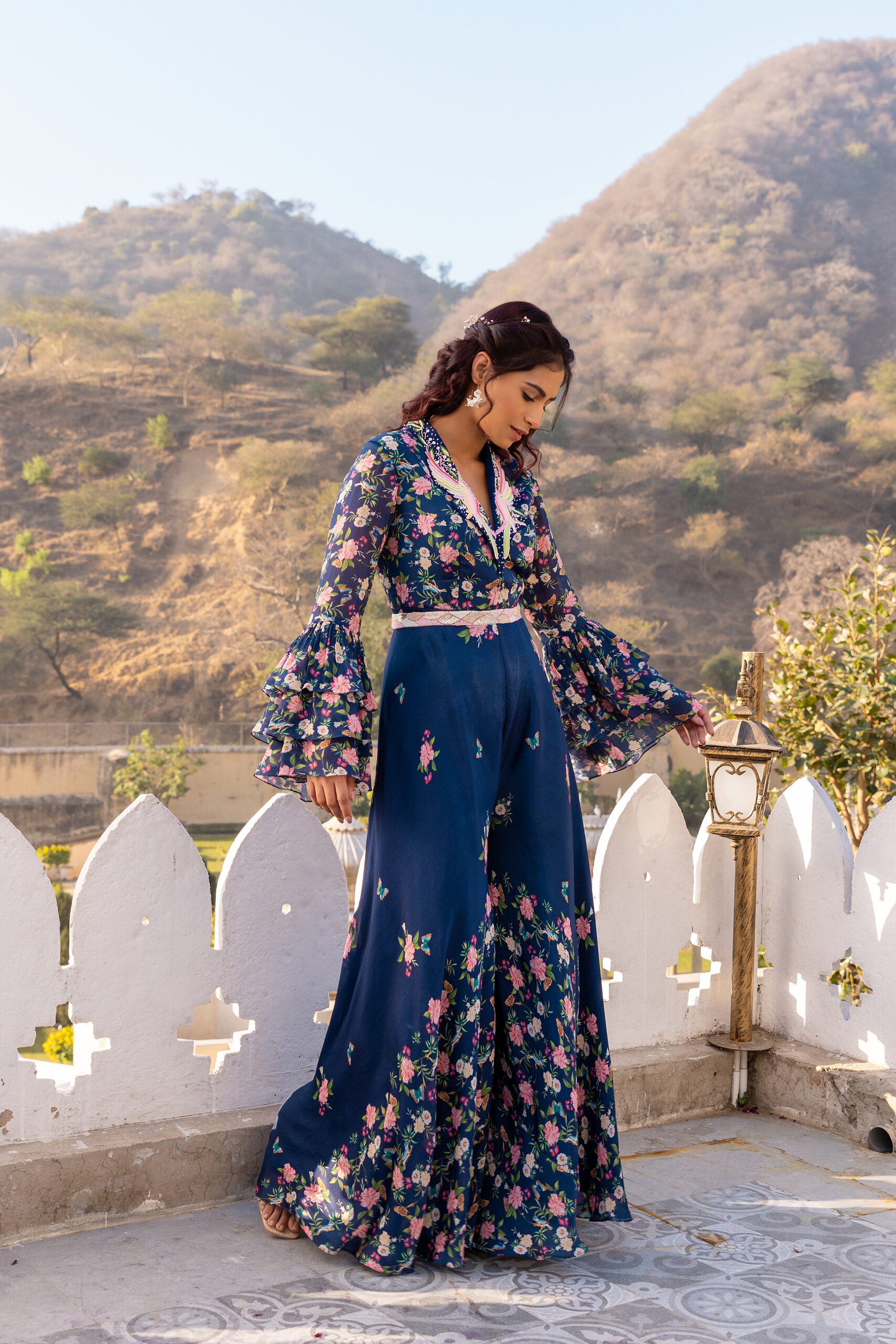 Blue Georgette Crepe Embroidered Jumpsuit With Belt image 3
