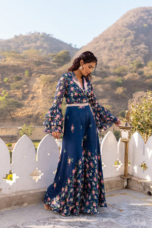 Blue Georgette Crepe Embroidered Jumpsuit With Belt image 3