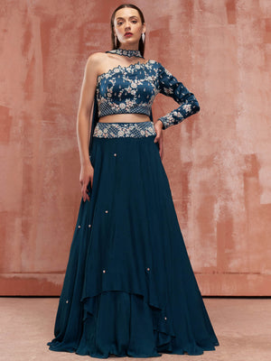 Teal Blue One Shoulder Lehenga Set - L image