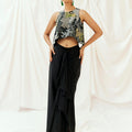 Black Printed Embroidered Drape Skirt Set image 0