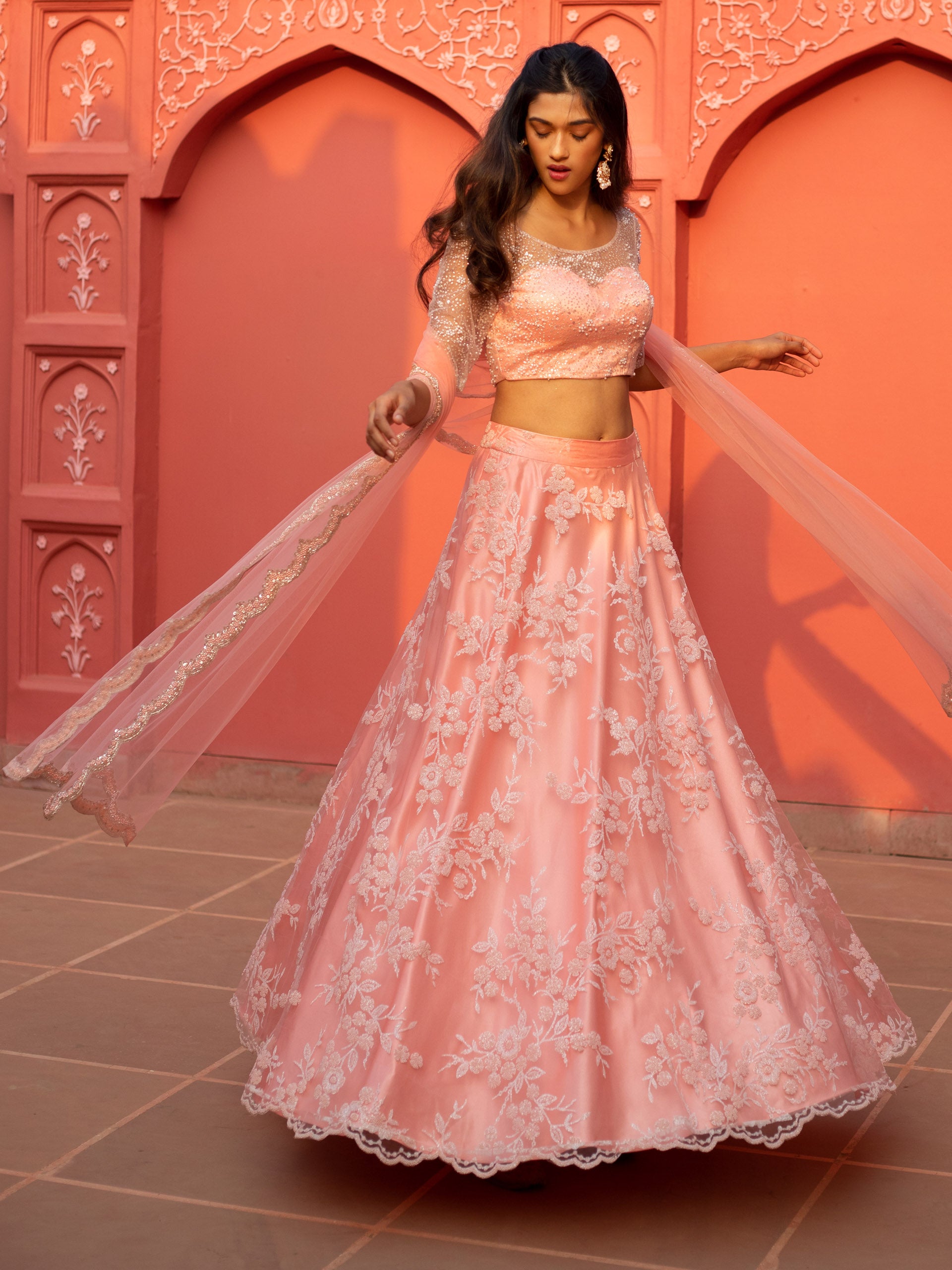 Peach Floral Bead Lehenga Set image 4