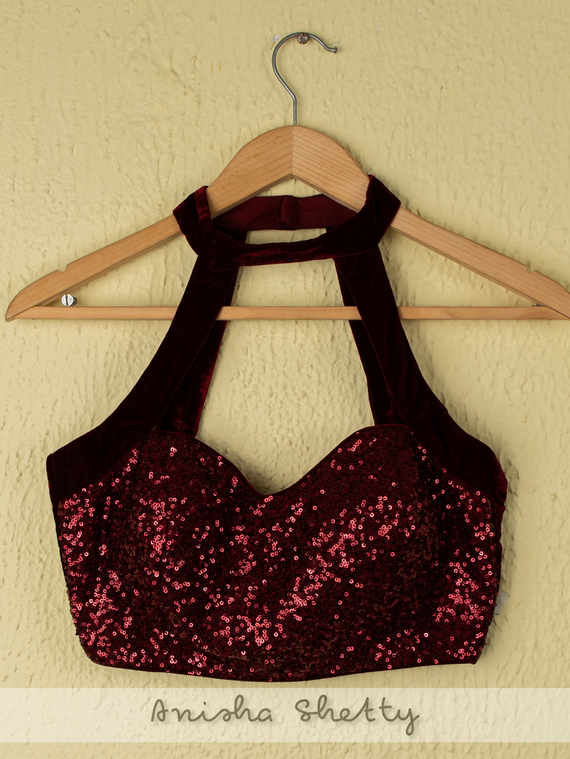 Burgundy Lehenga With Sequins Halter Blouse image 1