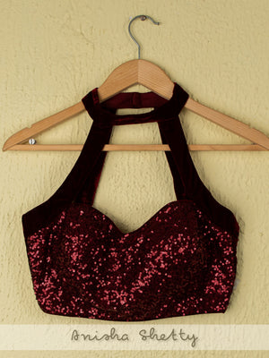 Burgundy Lehenga With Sequins Halter Blouse image 1