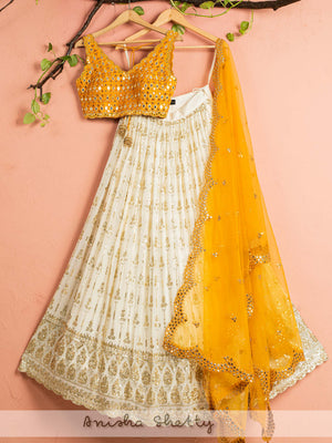 Ivory and Yellow Mirror Lehenga Set - XL image