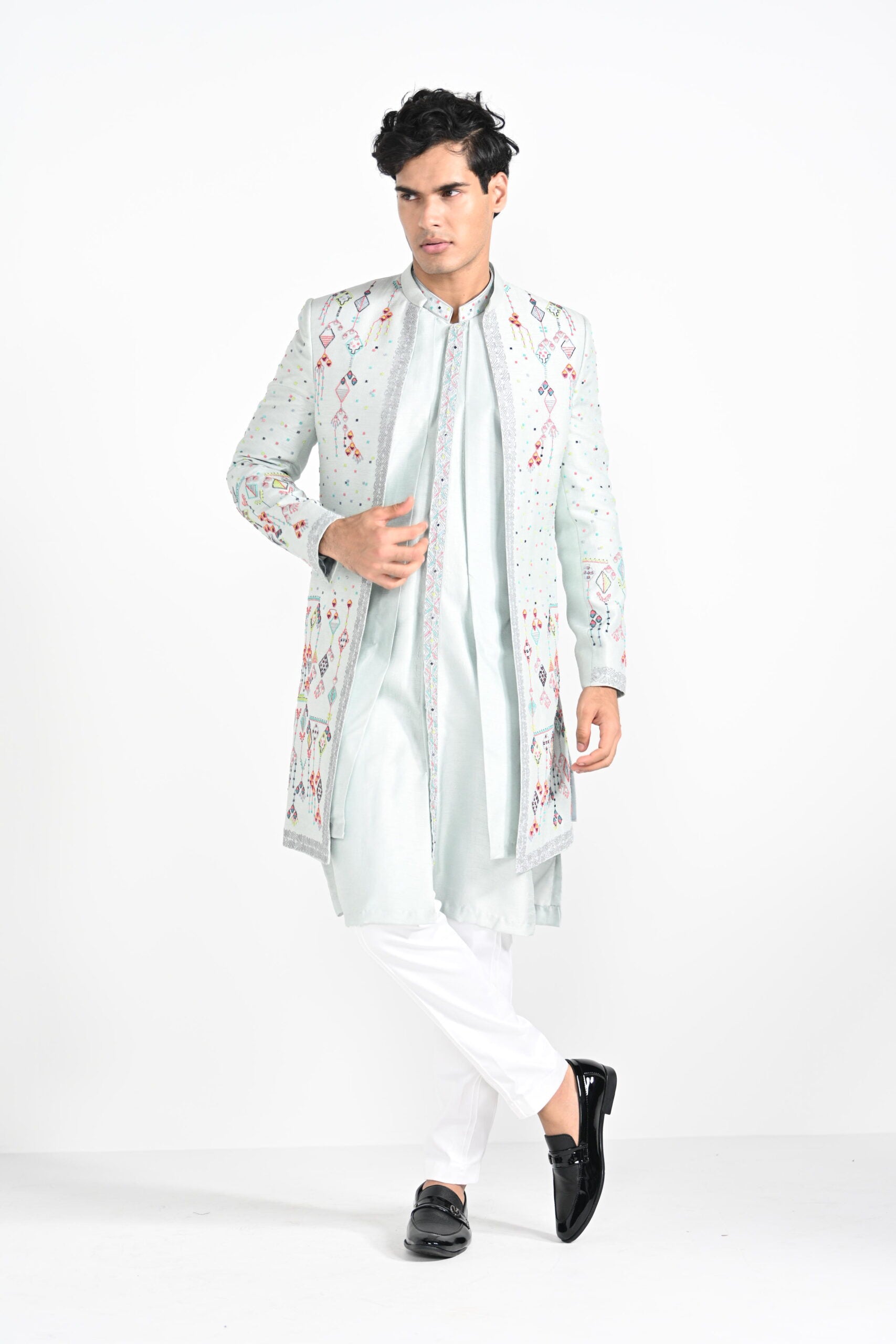 Ice Blue Multicoloured Geometric Motif Achkan Set image 10