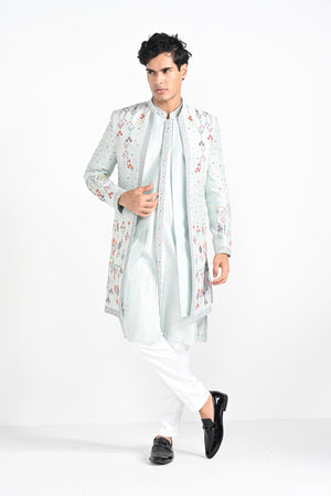 Ice Blue Multicoloured Geometric Motif Achkan Set image 10