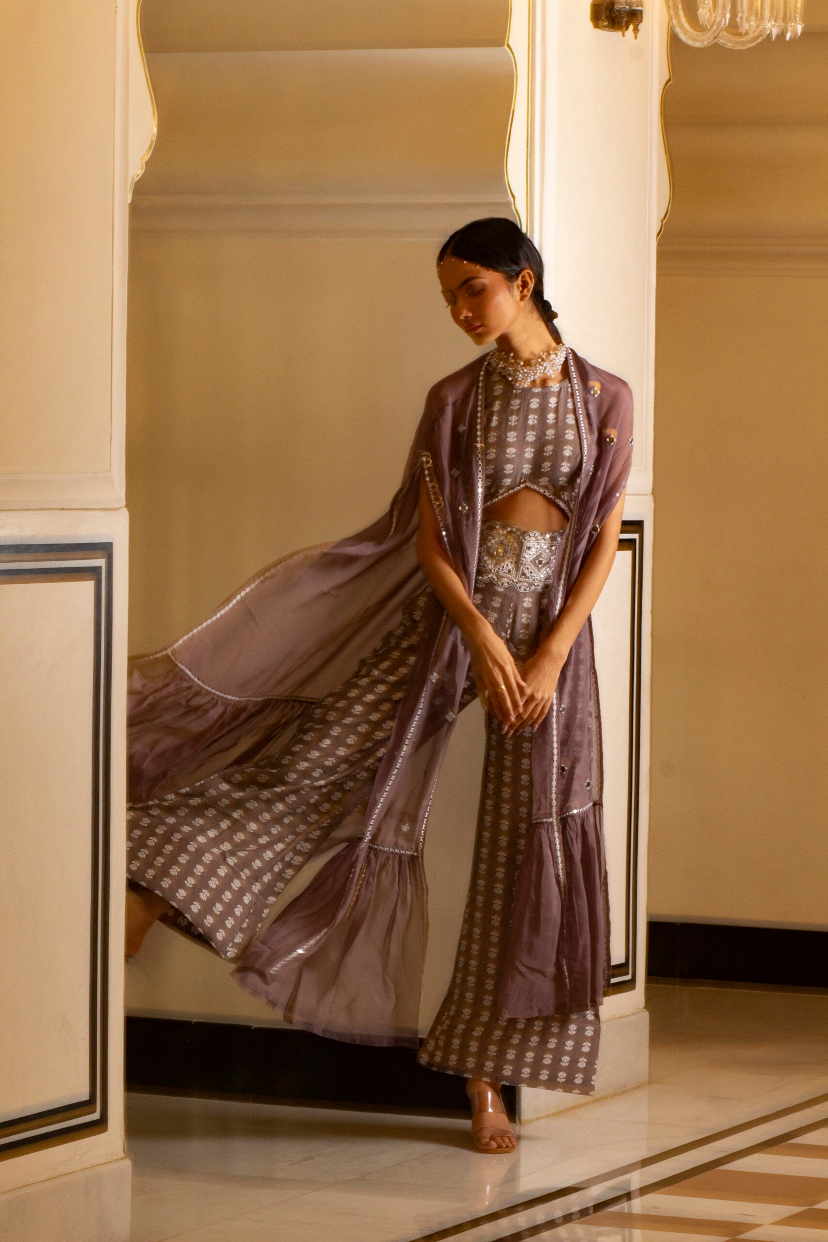 Grey Printed Jumpsuit With Organza Shrug image 1