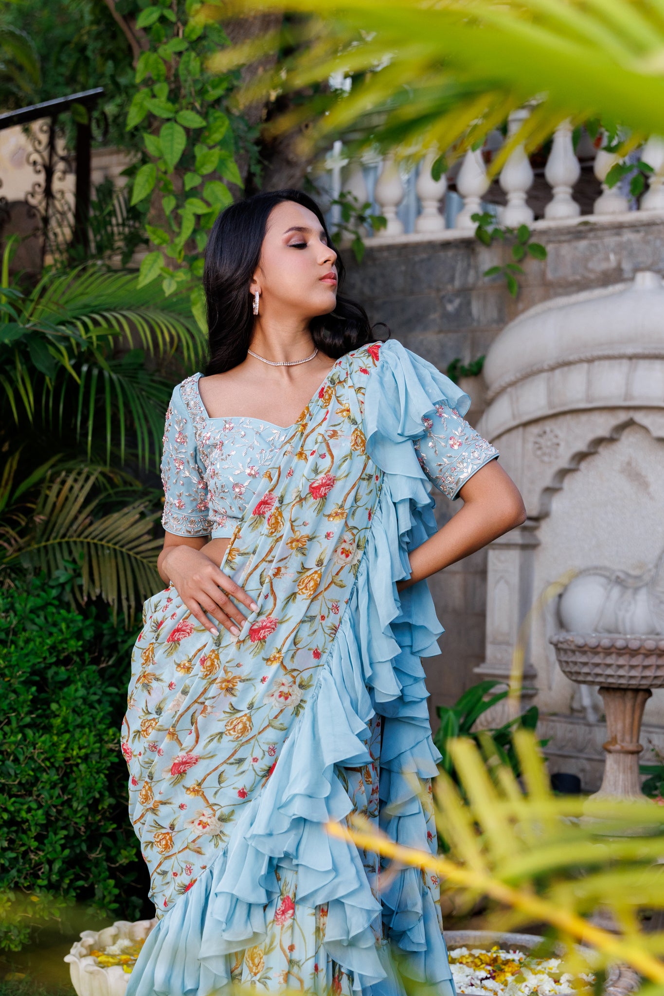 Baby Blue Pre-Drape Georgette Saree image 4