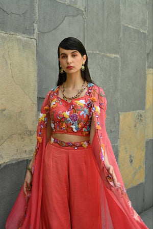 Coral Embroidered Bell Bottom Pant With Crop Top and Cape image 3