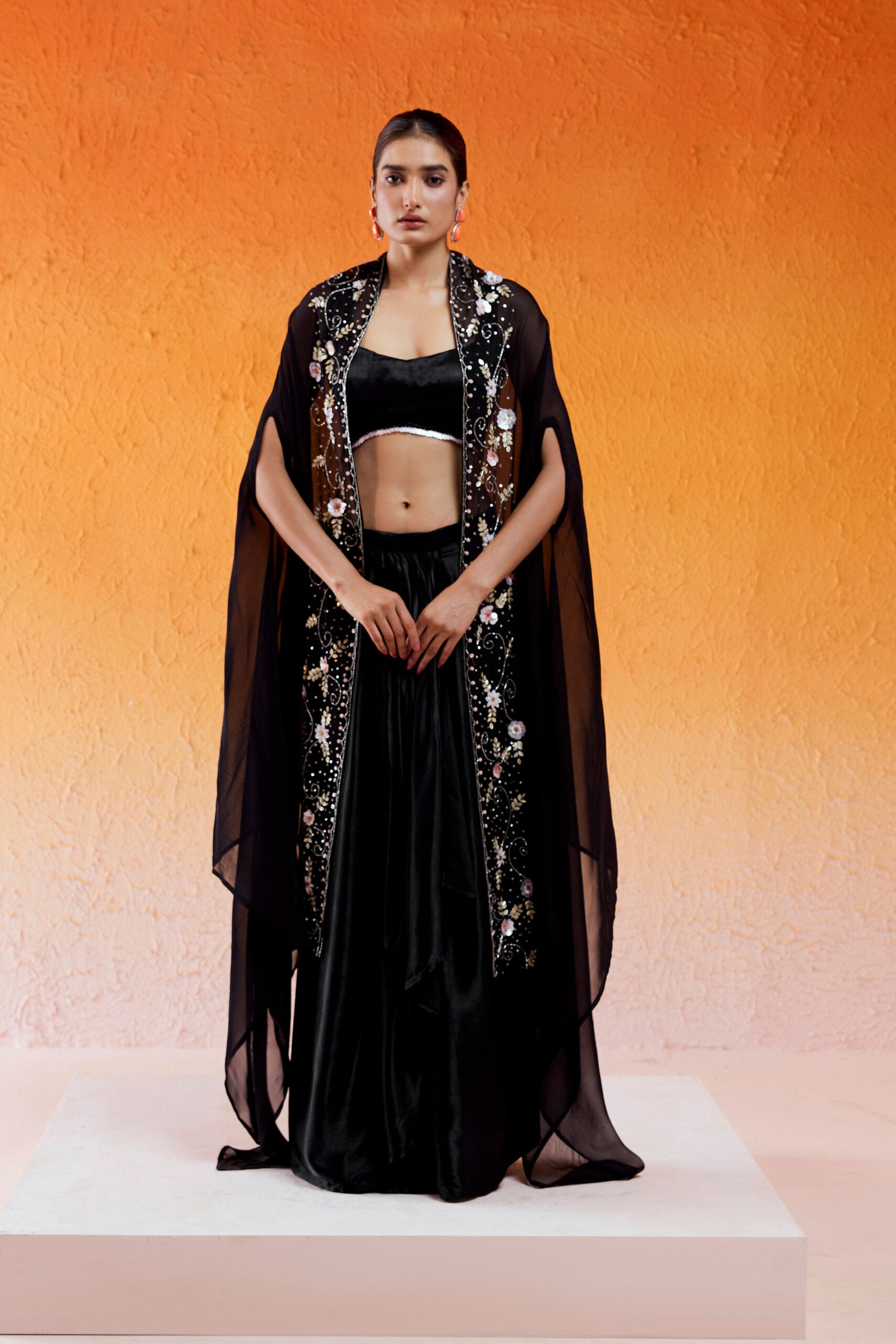 Black Embroidered Drape Skirt Set with Cape - XL image