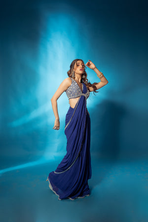 Blue Pre Stitched Saree With Mirror Work Blouse image 3