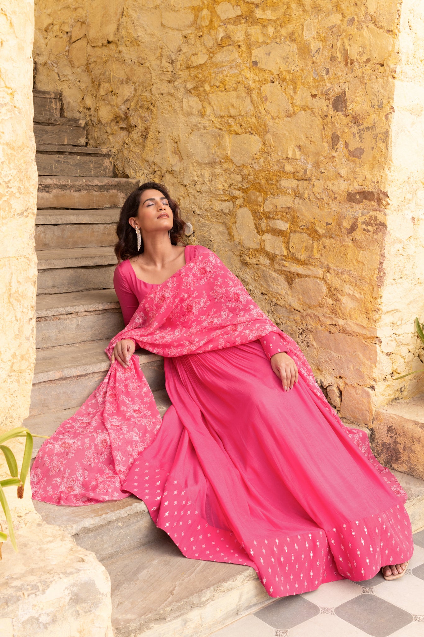 Fuchsia Pink Mirror Details Anarkali Set image 3