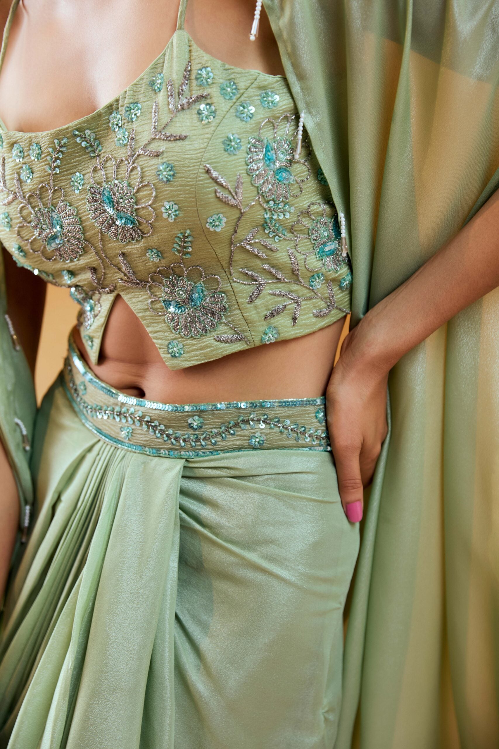 Pista Green Embroidered Drape Skirt Set with Cape image 4