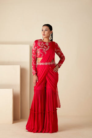 Red Pre-Drape Sharara Saree image 1