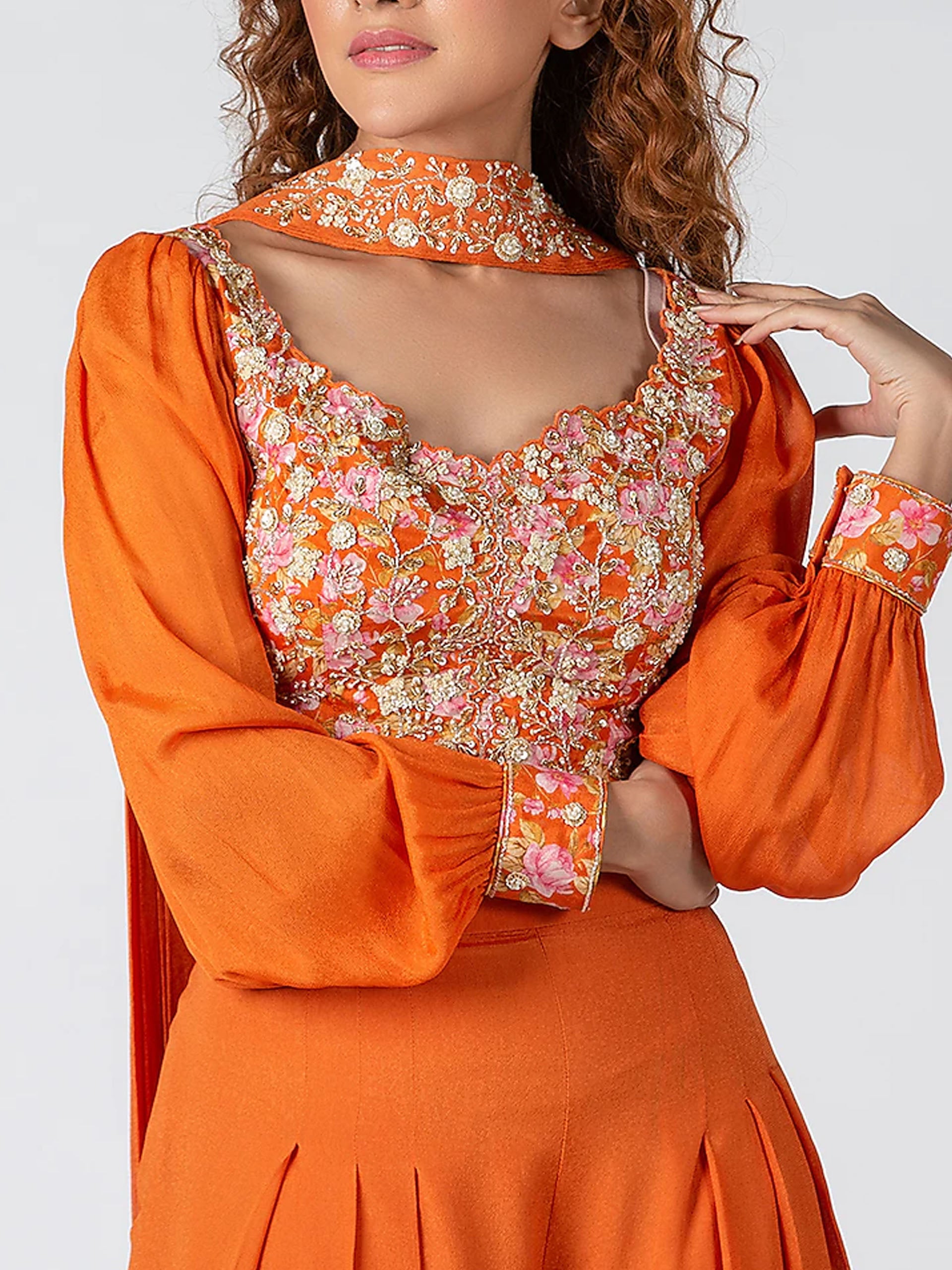 Orange Floral Draped Pant Set image 1