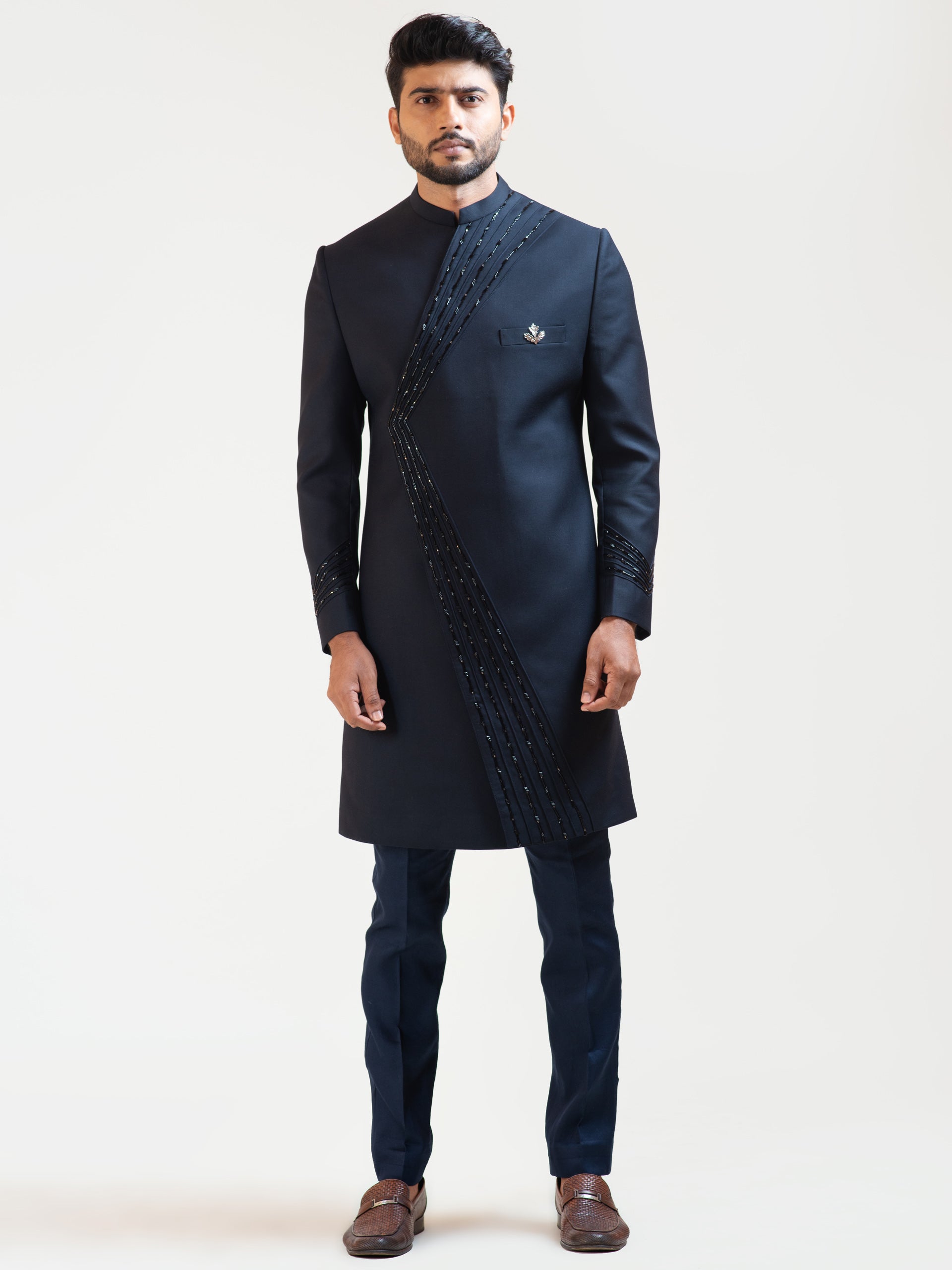Midnight Blue Pintucks Achkan Coat Set image 1