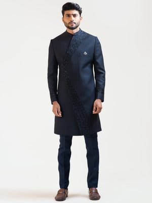 Midnight Blue Pintucks Achkan Coat Set image 1