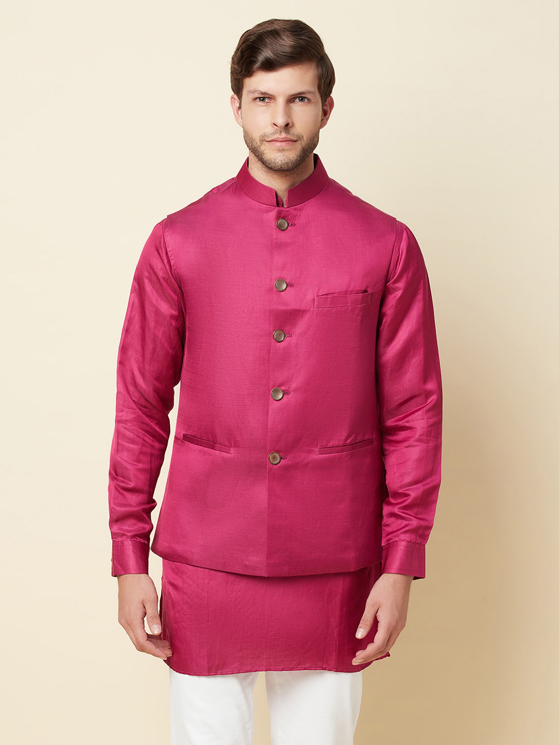 Dark Pink Bundi Jacket with Kurta Set image 5