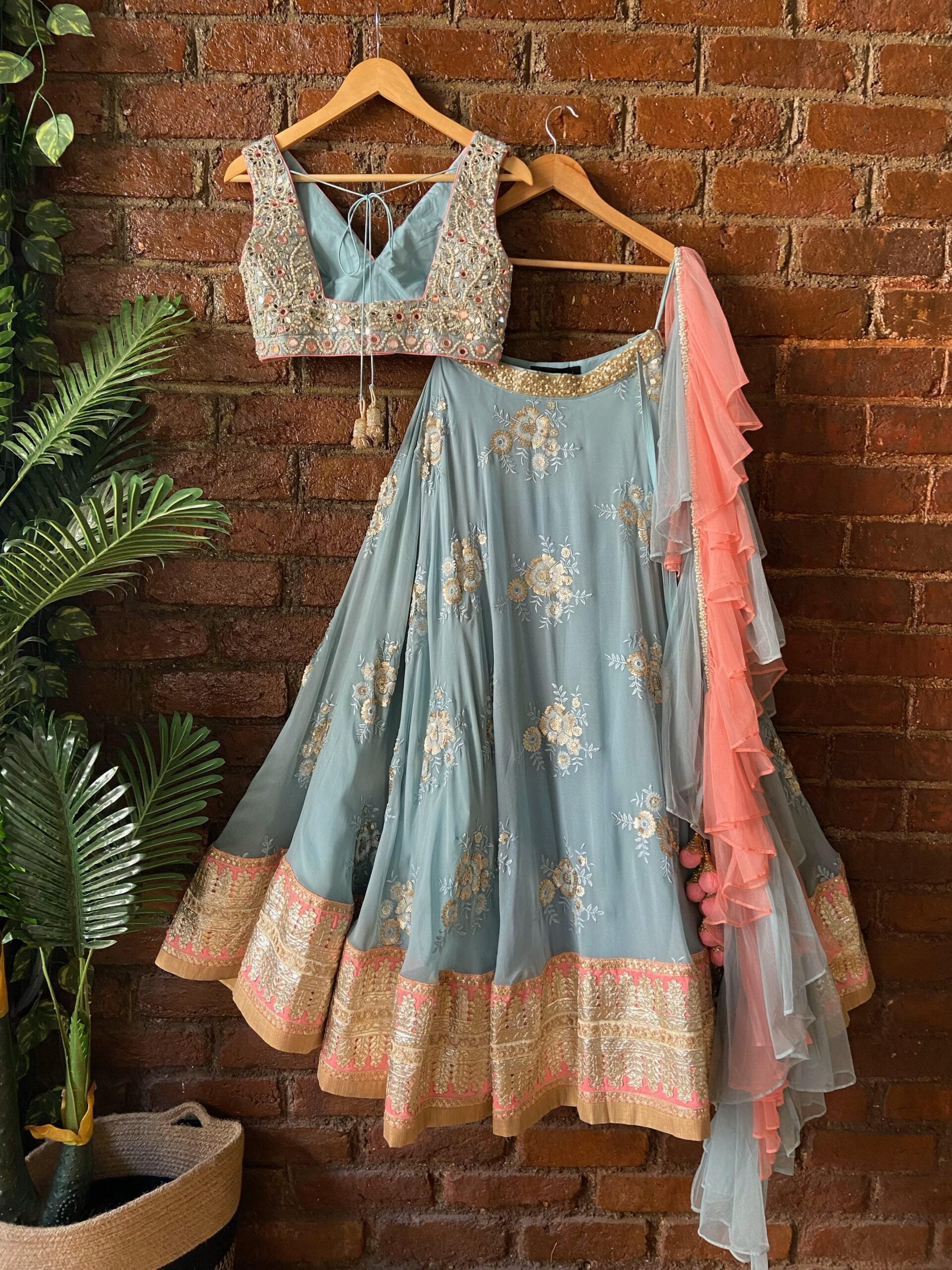 Dusty Blue and Blush Pink Mirror Work Lehenga Set Gown image 2
