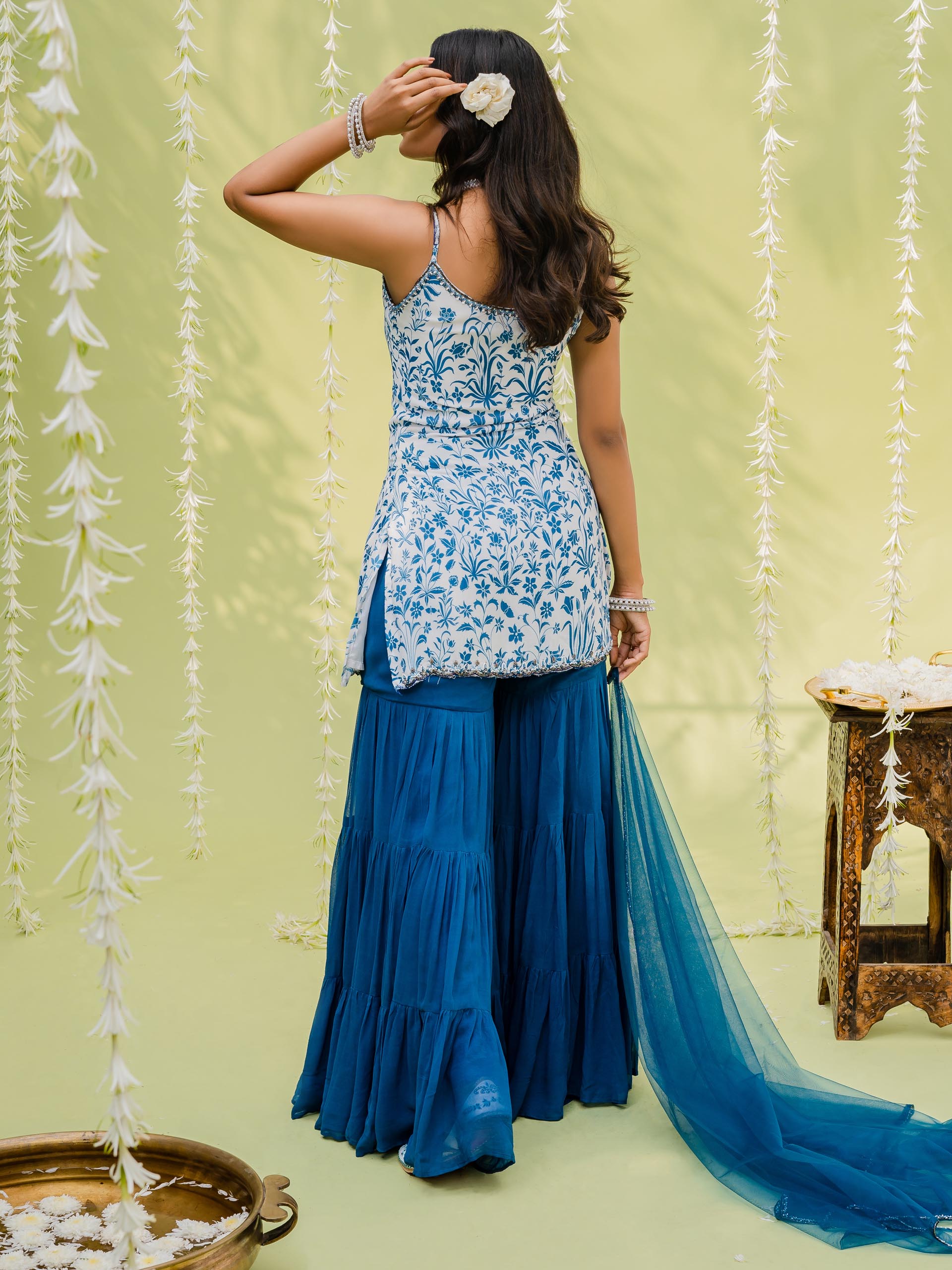 Teal Blue Embroidered Sharara Set image 4
