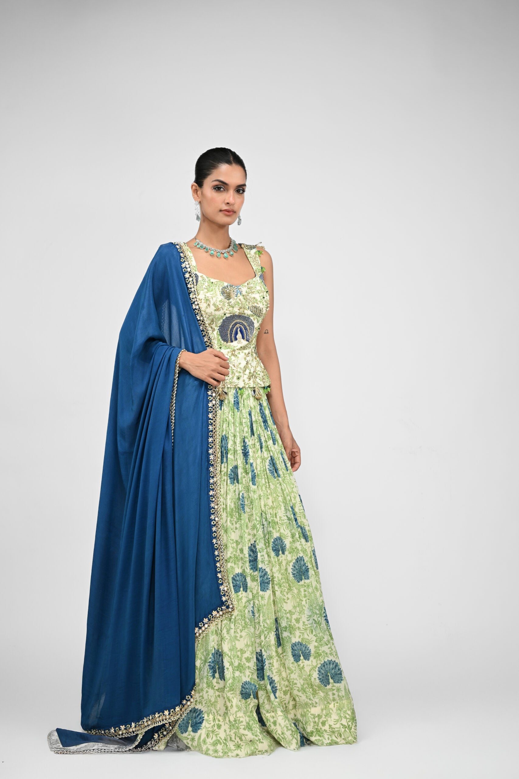 Peacock Highlighted Lehenga Paired with Highlighted Peacock Corset and Embroidered Dupatta image 5