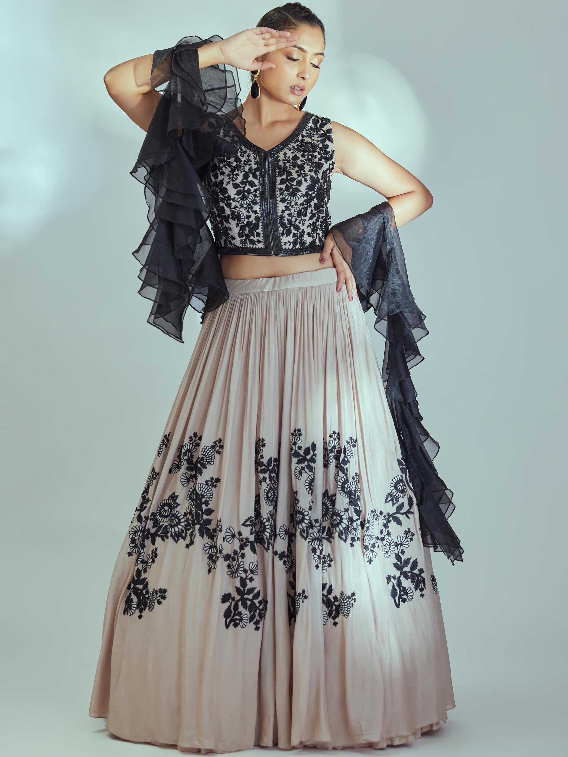 Nude and Black Embroidered Lehenga Set - Custom image