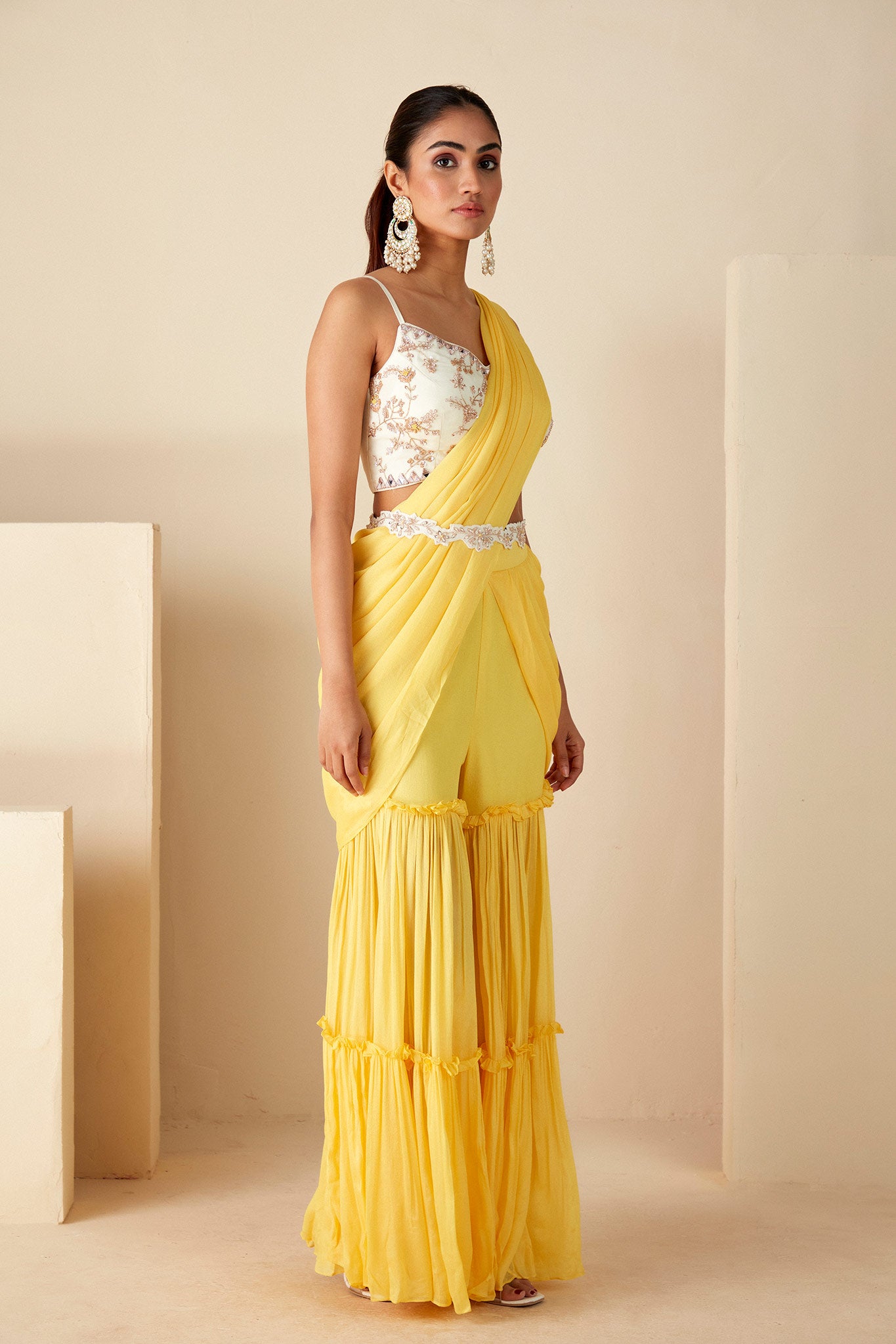 Yellow and White Pre-Drape Sharara Saree image 2