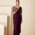 Wine Georgette Pre-Drape Saree image 0