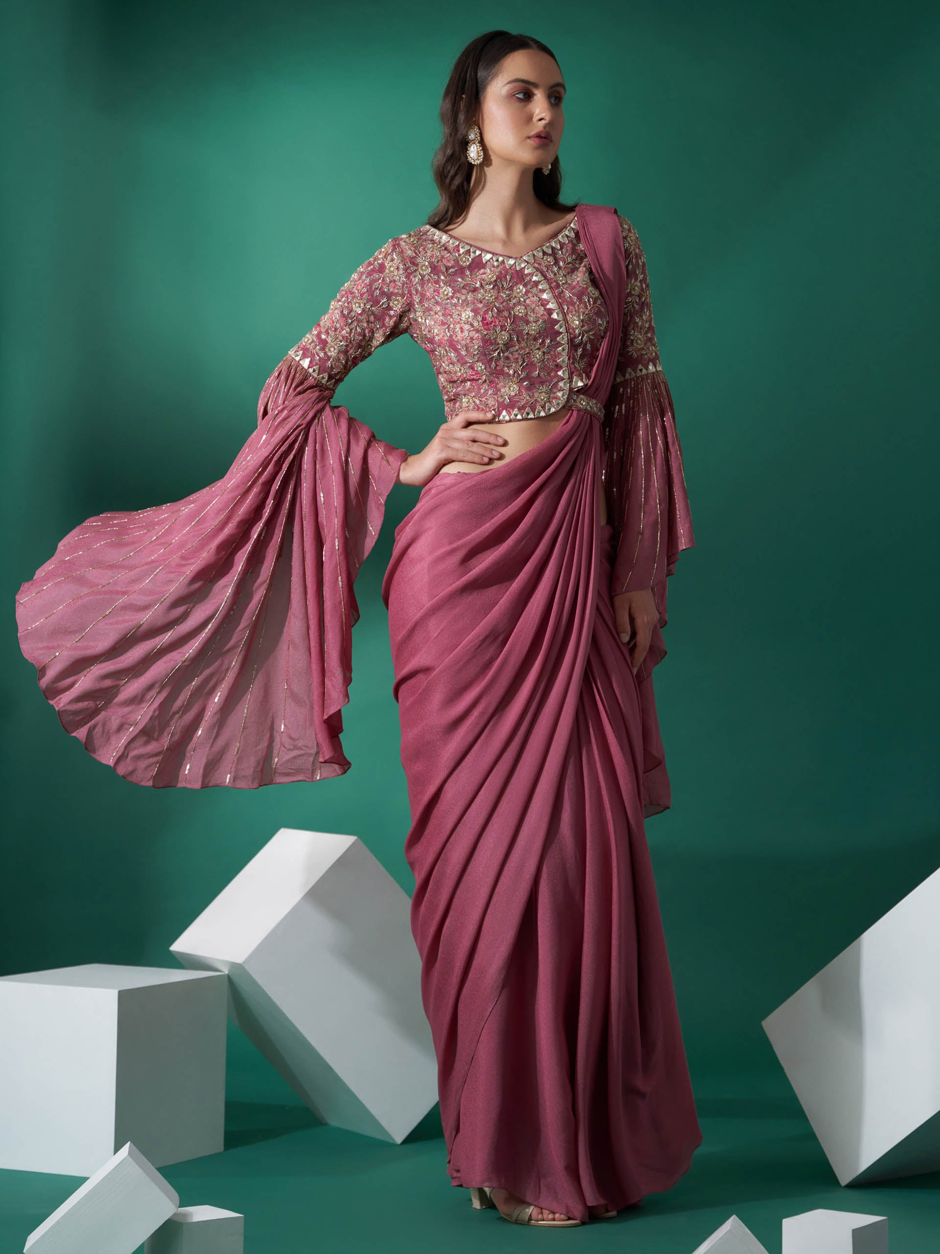 Mauve Pre Draped Sequin Saree Set image 2