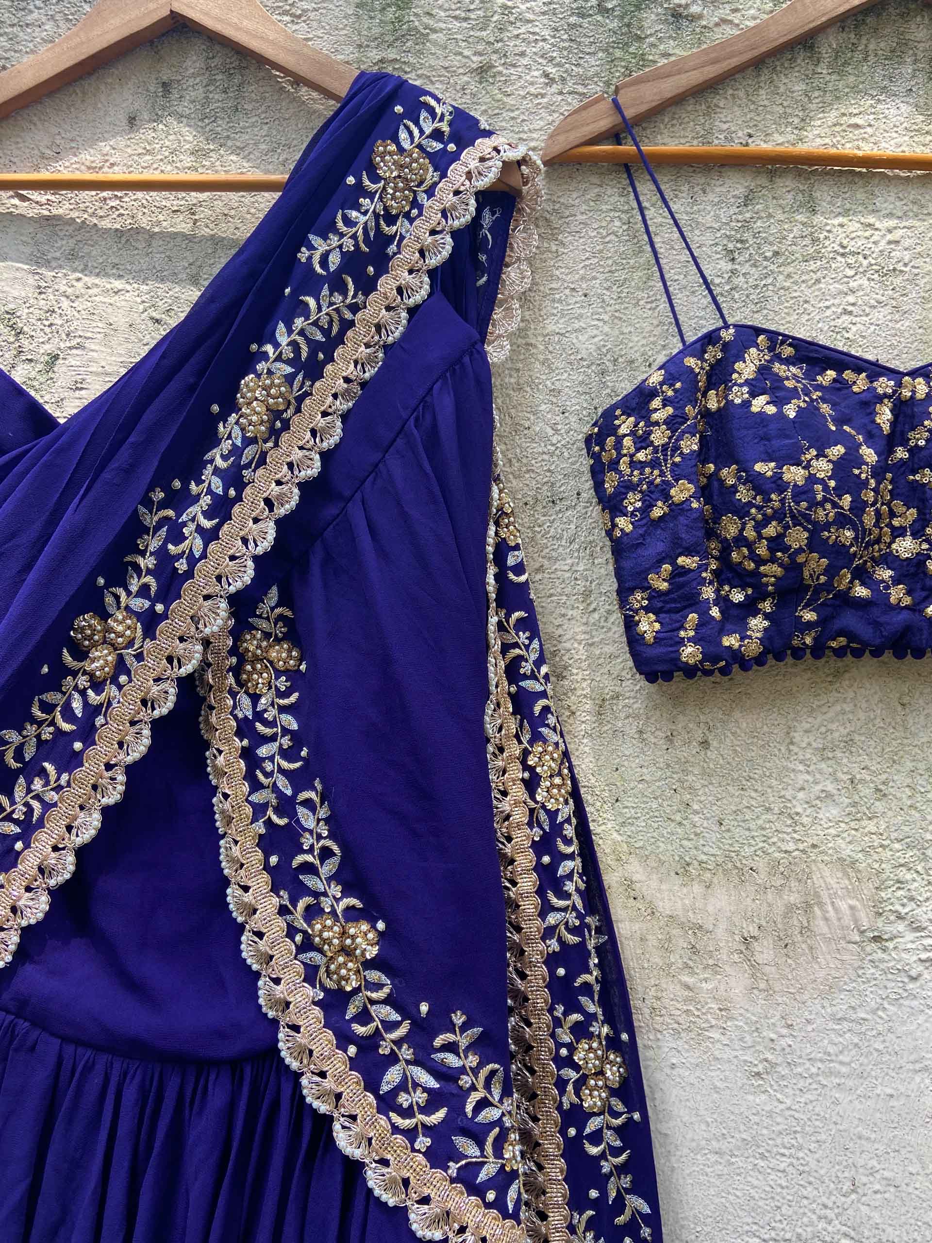 Indigo Blue Ruffled Embroidered Pre-stitched Saree Set image 3