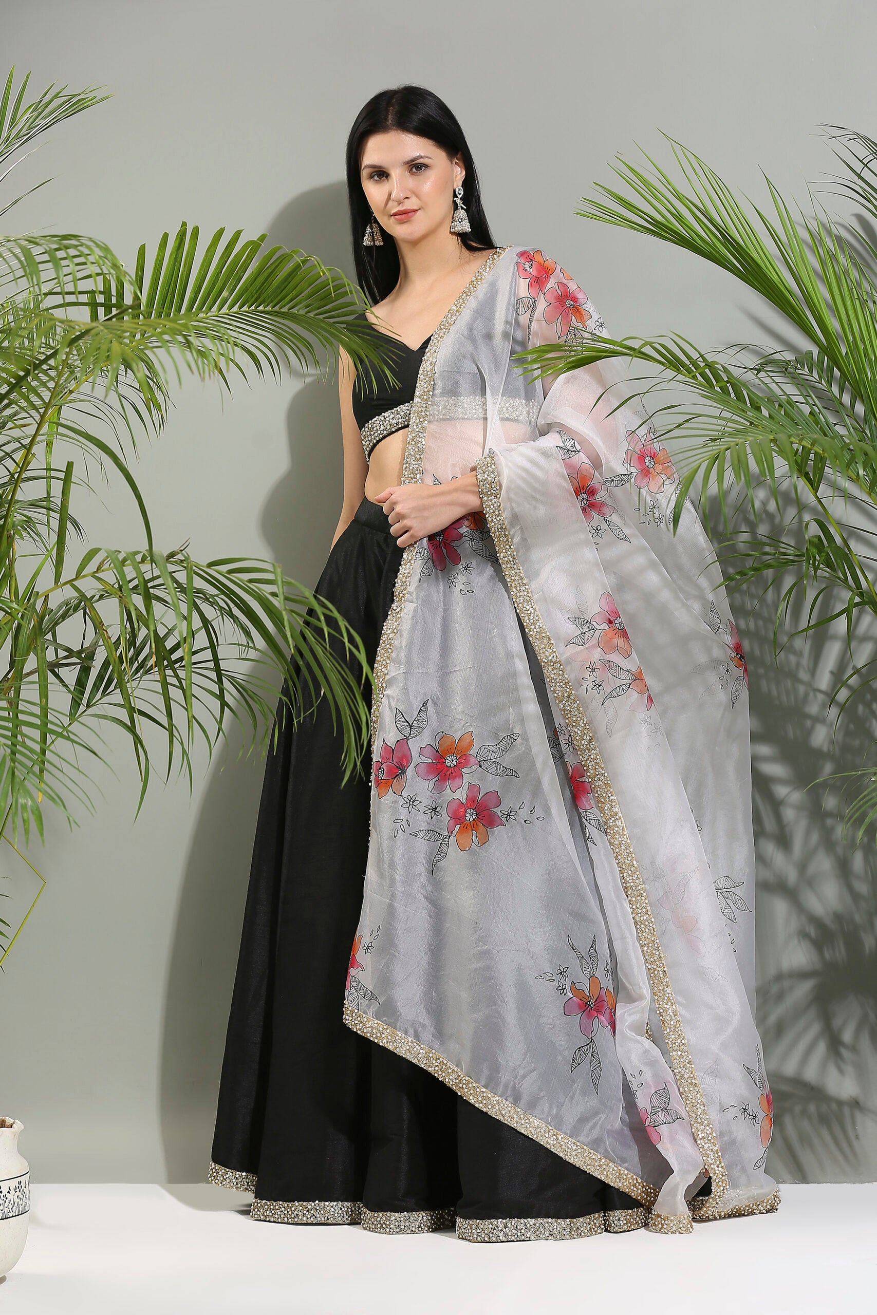 Black Raw Silk Lehenga Set With Hand Painted Dupatta image 3