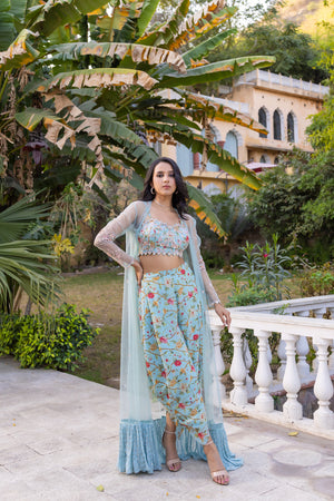 Light Blue Floral Georgette Hand Embroidered Jacket Set - Custom image
