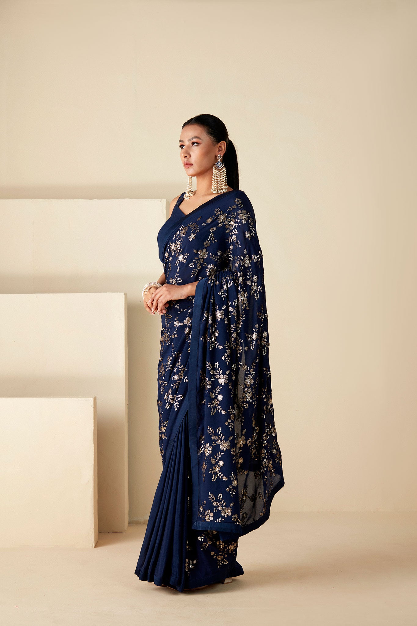 Dark Teal Georgette Crepe Sequin Work Saree image 2