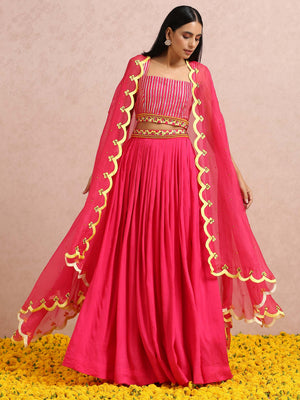 Fuchsia Embroidered Lehenga Set with Cape - XL image