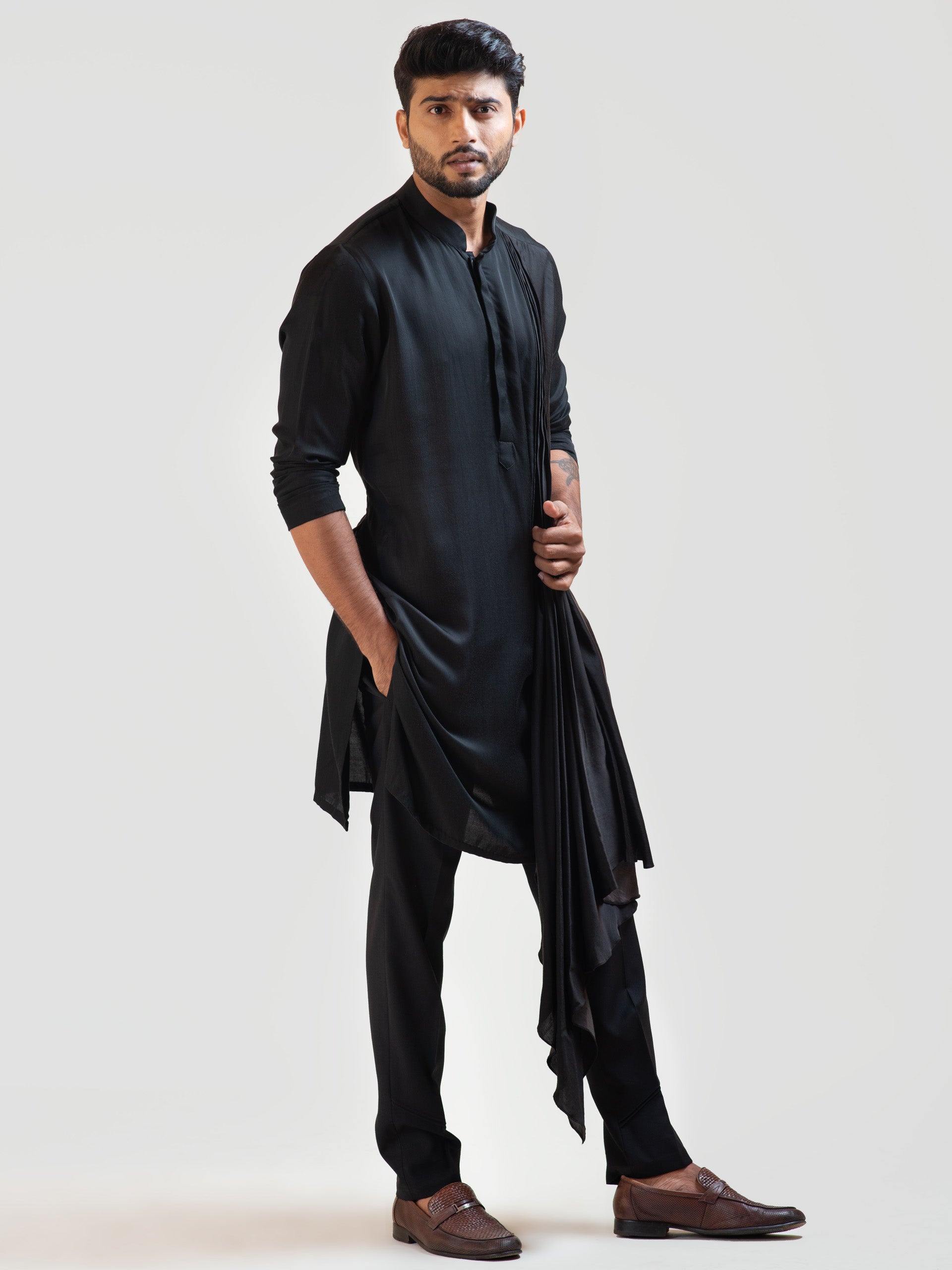 Black Long Drape Kurta Set image 2