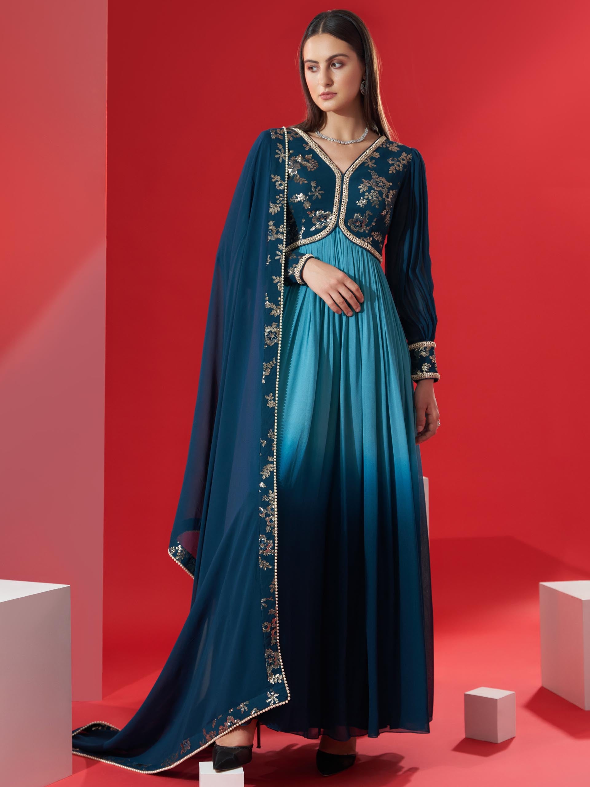 Teal Ombre Sequin Anarkali Set image 0