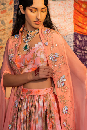Coral Pink Embroidered And Printed Lehenga Set image 6