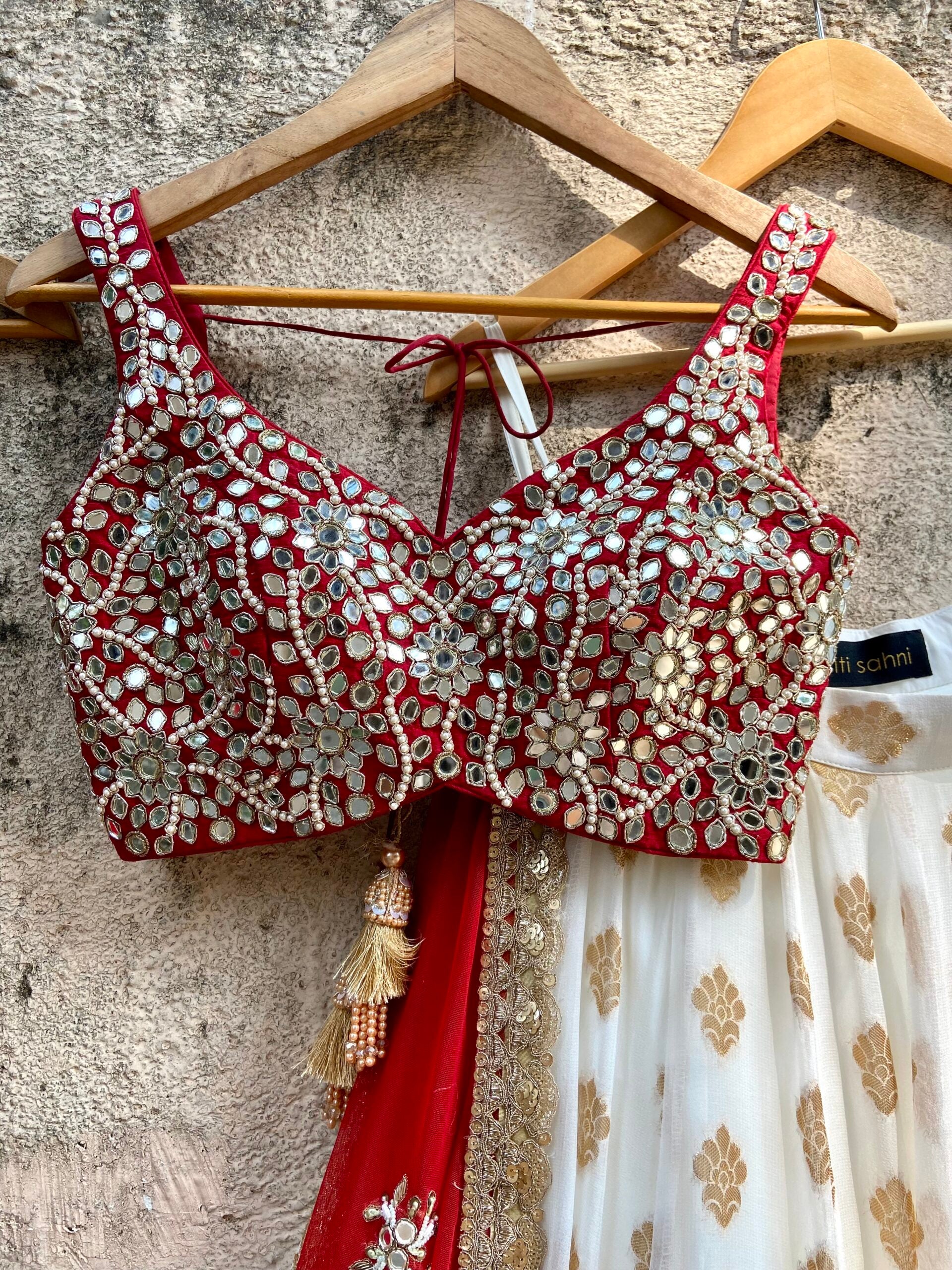 Ivory and Red Ruffle Lehenga Set - M image